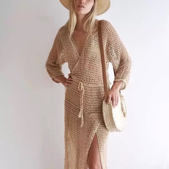 Lena Vie Boutique Other - Cream Beige Crochet Maxi Dress Coverup w/Long Quarter Balloon Sleeves&Leg Slit